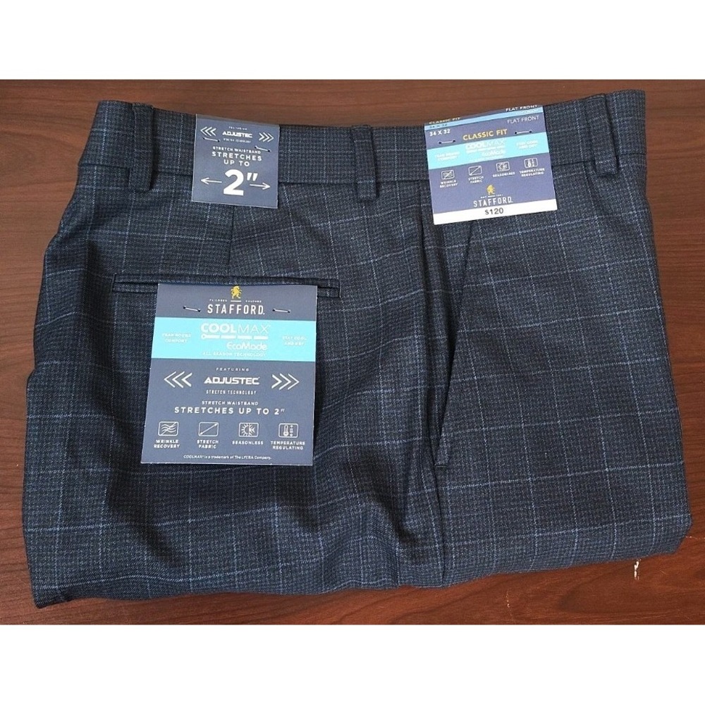 Stafford Men's Blue Checkered Cool max Flat Front Stretch Dress Pants 34x32